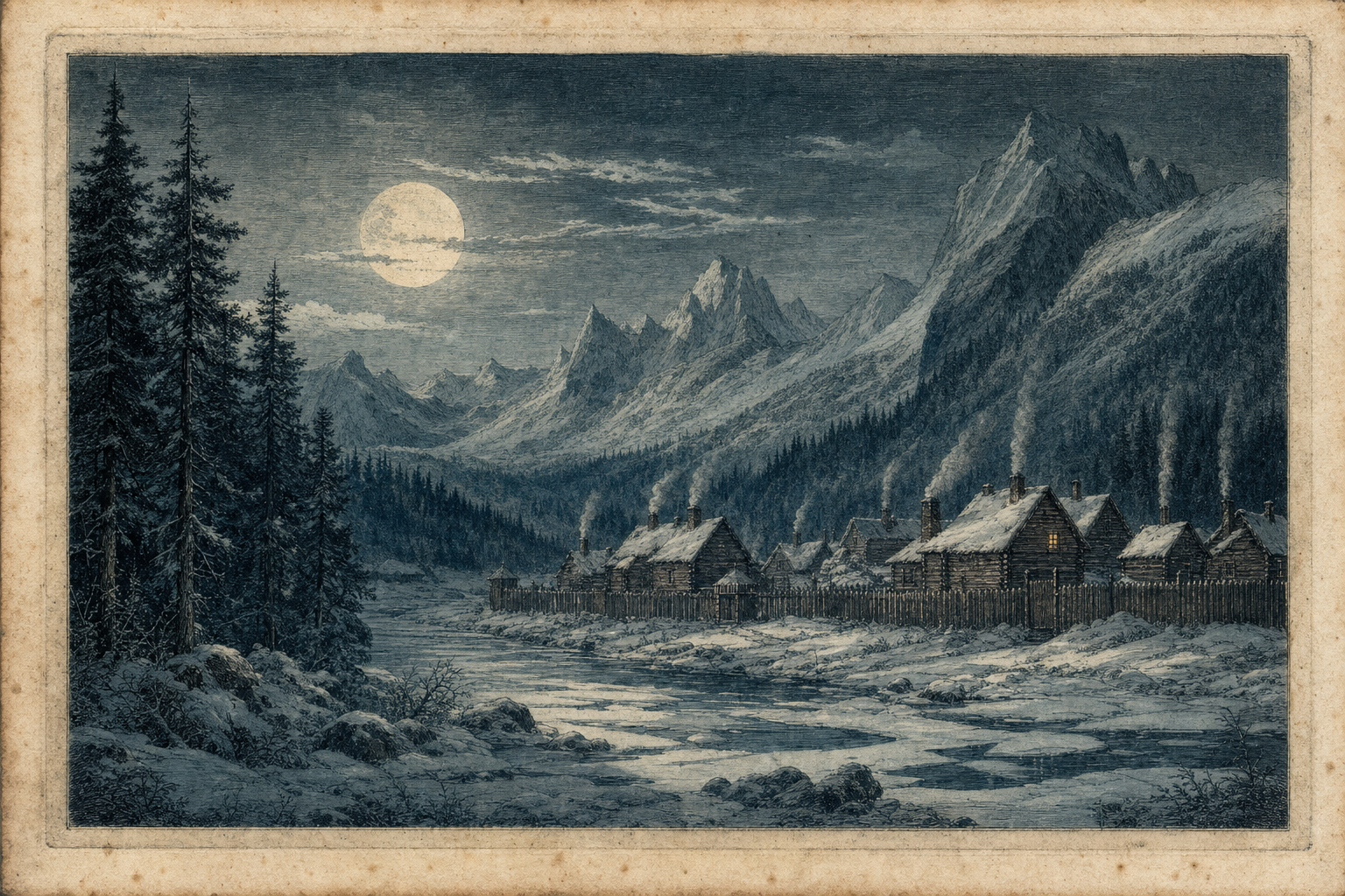 The Arctic Village beneath a cold moon, 1723